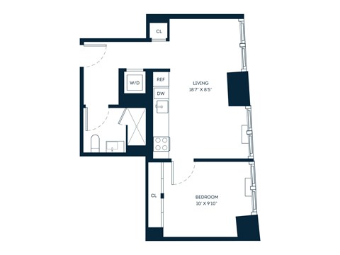 Floor plan for 1 bed, 1 bath, 544 sqft
